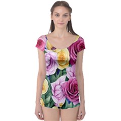 Cherished Watercolor Flowers Boyleg Leotard  by GardenOfOphir