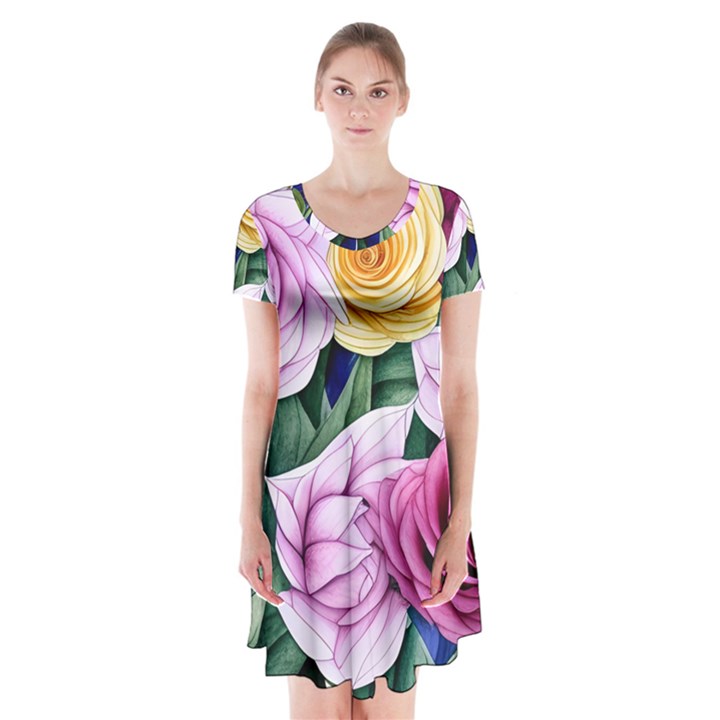 Cherished Watercolor Flowers Short Sleeve V-neck Flare Dress