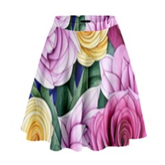 Cherished Watercolor Flowers High Waist Skirt by GardenOfOphir