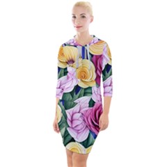 Cherished Watercolor Flowers Quarter Sleeve Hood Bodycon Dress by GardenOfOphir