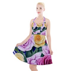 Cherished Watercolor Flowers Halter Party Swing Dress  by GardenOfOphir