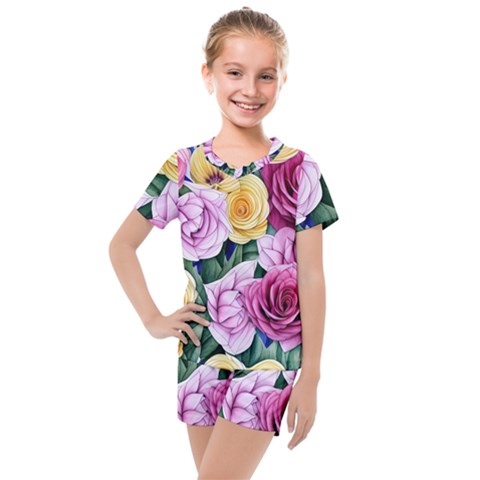 Cherished Watercolor Flowers Kids  Mesh Tee And Shorts Set by GardenOfOphir