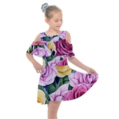 Cherished Watercolor Flowers Kids  Shoulder Cutout Chiffon Dress by GardenOfOphir