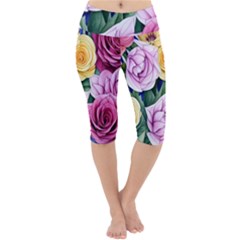 Cherished Watercolor Flowers Lightweight Velour Cropped Yoga Leggings by GardenOfOphir