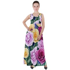 Cherished Watercolor Flowers Empire Waist Velour Maxi Dress by GardenOfOphir