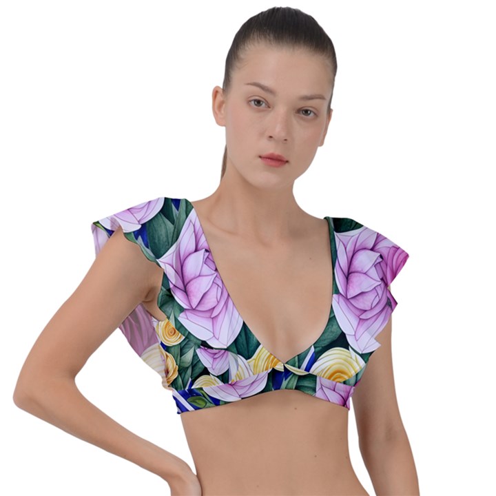 Cherished Watercolor Flowers Plunge Frill Sleeve Bikini Top