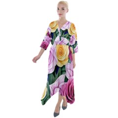 Cherished Watercolor Flowers Quarter Sleeve Wrap Front Maxi Dress by GardenOfOphir