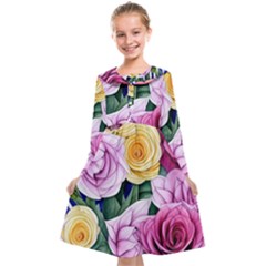 Cherished Watercolor Flowers Kids  Midi Sailor Dress by GardenOfOphir