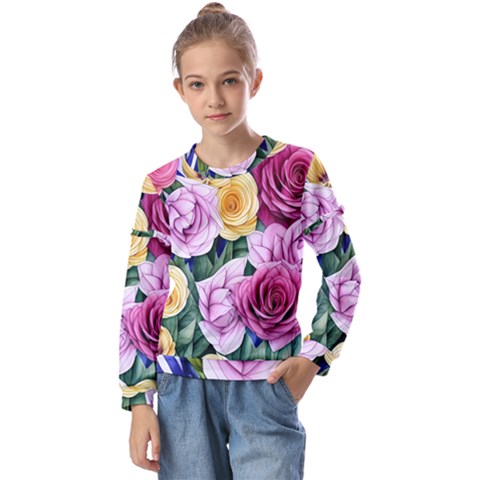 Cherished Watercolor Flowers Kids  Long Sleeve Tee With Frill  by GardenOfOphir