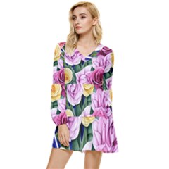 Cherished Watercolor Flowers Tiered Long Sleeve Mini Dress by GardenOfOphir