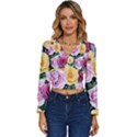 Cherished Watercolor Flowers Long Sleeve V-Neck Top View1