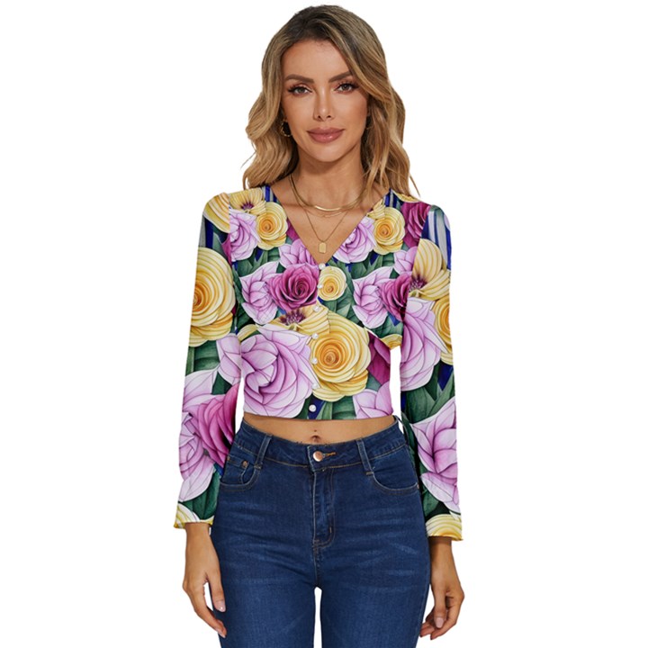 Cherished Watercolor Flowers Long Sleeve V-Neck Top