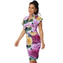 Cherished Watercolor Flowers Vintage Frill Sleeve V-Neck Bodycon Dress View2