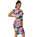 Cherished Watercolor Flowers Vintage Frill Sleeve V-Neck Bodycon Dress View3