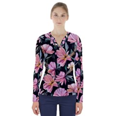 Charming Watercolor Flowers V-neck Long Sleeve Top by GardenOfOphir