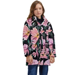 Charming Watercolor Flowers Kid s Hooded Longline Puffer Jacket by GardenOfOphir