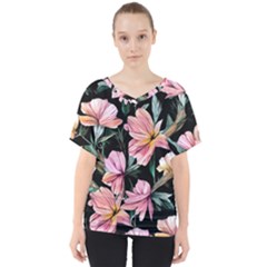 Charming Watercolor Flowers V-neck Dolman Drape Top by GardenOfOphir