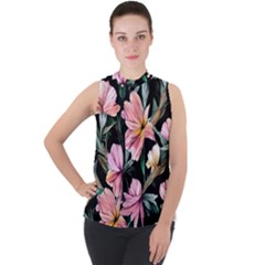 Charming Watercolor Flowers Mock Neck Chiffon Sleeveless Top by GardenOfOphir