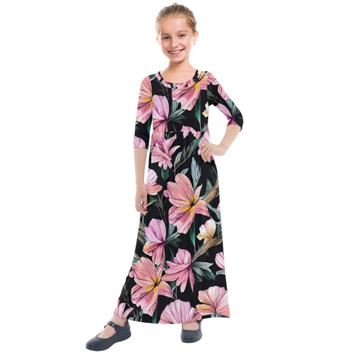 Charming Watercolor Flowers Kids  Quarter Sleeve Maxi Dress