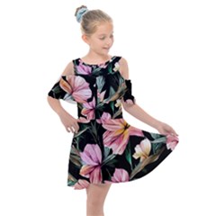 Charming Watercolor Flowers Kids  Shoulder Cutout Chiffon Dress by GardenOfOphir