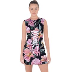 Charming Watercolor Flowers Lace Up Front Bodycon Dress by GardenOfOphir