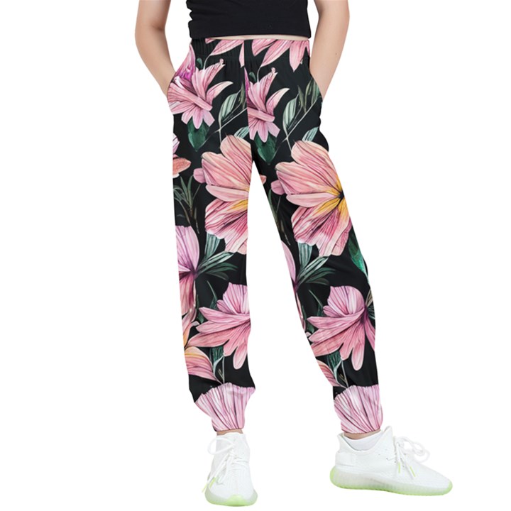 Charming Watercolor Flowers Kids  Elastic Waist Pants