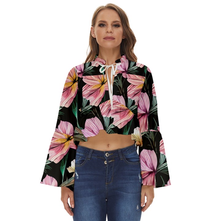 Charming Watercolor Flowers Boho Long Bell Sleeve Top