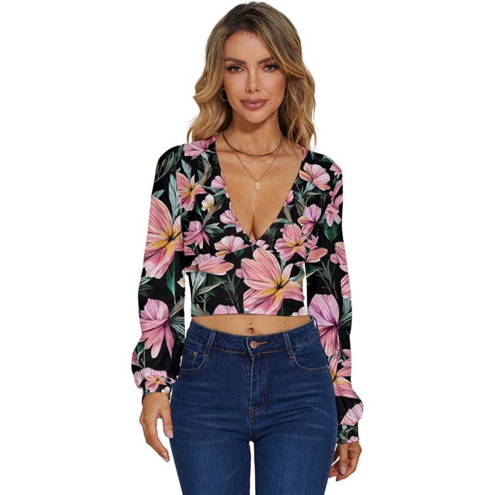 Charming Watercolor Flowers Long Sleeve Deep-V Velour Top