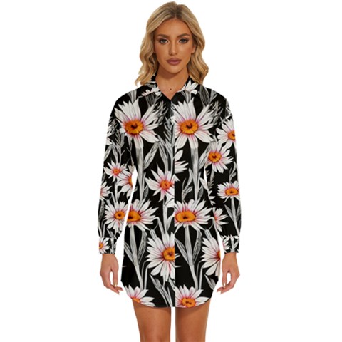 Dazzling Watercolor Flowers Womens Long Sleeve Shirt Dress by GardenOfOphir