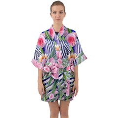 Luxurious Watercolor Flowers Half Sleeve Satin Kimono  by GardenOfOphir