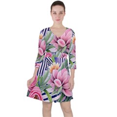 Luxurious Watercolor Flowers Quarter Sleeve Ruffle Waist Dress by GardenOfOphir