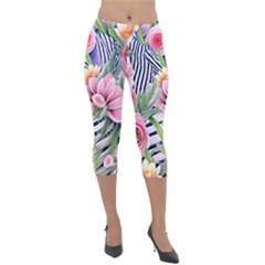 Luxurious Watercolor Flowers Lightweight Velour Capri Leggings  by GardenOfOphir