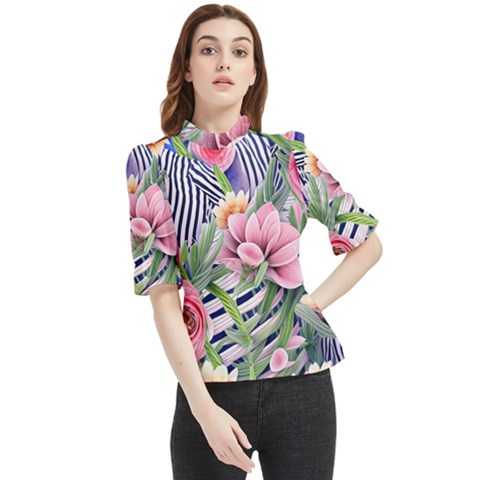 Luxurious Watercolor Flowers Frill Neck Blouse by GardenOfOphir