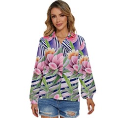 Luxurious Watercolor Flowers Women s Long Sleeve Button Down Shirt