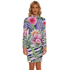 Luxurious Watercolor Flowers Long Sleeve Shirt Collar Bodycon Dress by GardenOfOphir