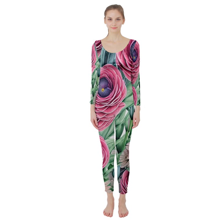 Majestic watercolor flowers Long Sleeve Catsuit