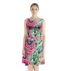 Majestic Watercolor Flowers Sleeveless Waist Tie Chiffon Dress by GardenOfOphir