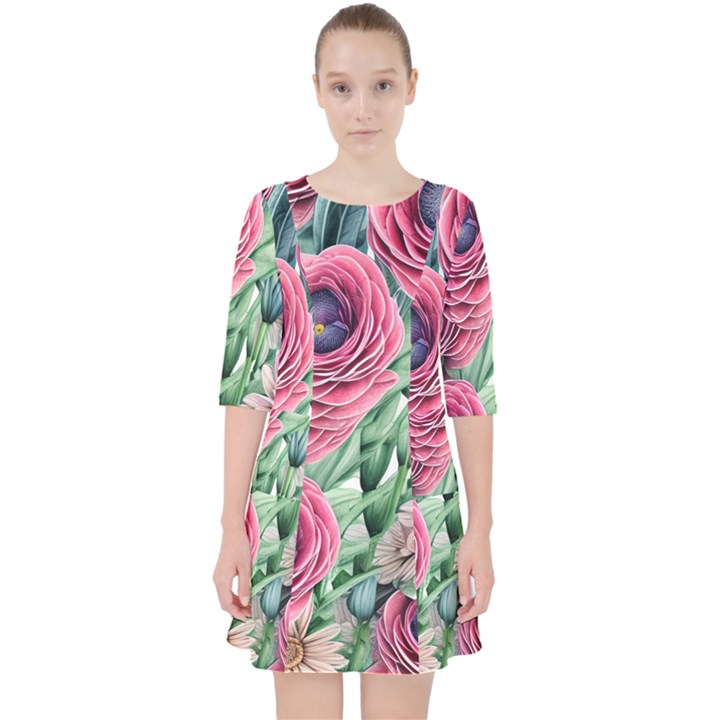 Majestic watercolor flowers Quarter Sleeve Pocket Dress