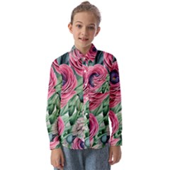 Majestic Watercolor Flowers Kids  Long Sleeve Shirt by GardenOfOphir