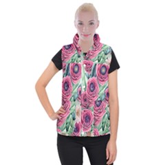 Majestic Watercolor Flowers Women s Button Up Vest by GardenOfOphir