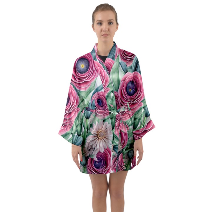 Majestic watercolor flowers Long Sleeve Satin Kimono