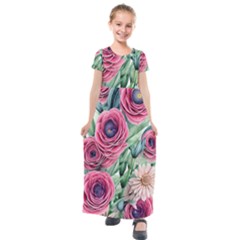 Majestic Watercolor Flowers Kids  Short Sleeve Maxi Dress by GardenOfOphir