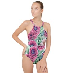 Majestic Watercolor Flowers High Neck One Piece Swimsuit by GardenOfOphir