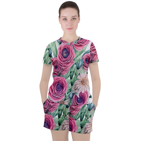 Majestic Watercolor Flowers Women s Tee And Shorts Set by GardenOfOphir