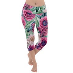 Majestic Watercolor Flowers Lightweight Velour Capri Yoga Leggings by GardenOfOphir