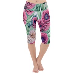 Majestic Watercolor Flowers Lightweight Velour Cropped Yoga Leggings by GardenOfOphir