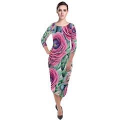 Majestic Watercolor Flowers Quarter Sleeve Midi Velour Bodycon Dress by GardenOfOphir