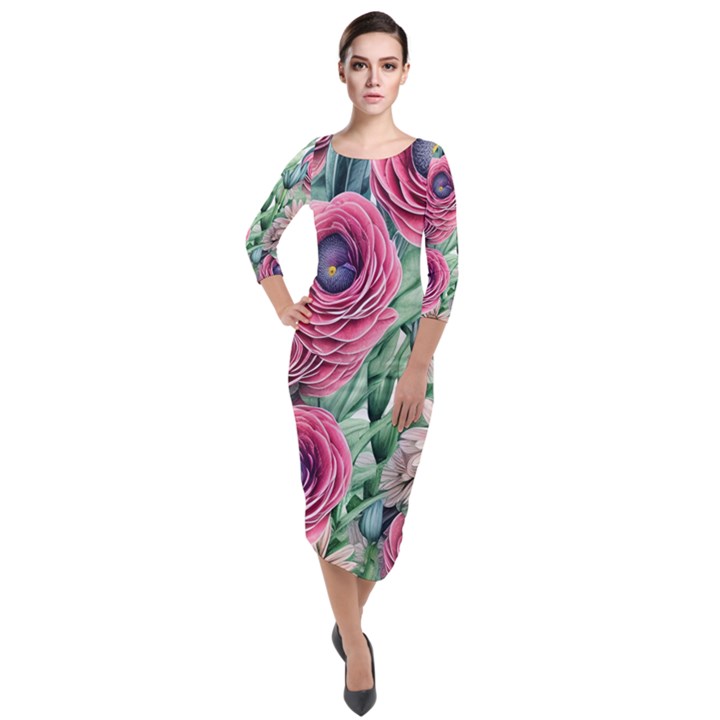 Majestic watercolor flowers Quarter Sleeve Midi Velour Bodycon Dress