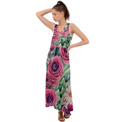 Majestic Watercolor Flowers V-neck Chiffon Maxi Dress by GardenOfOphir