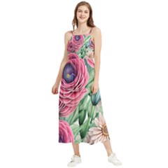 Majestic Watercolor Flowers Boho Sleeveless Summer Dress by GardenOfOphir